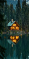 Obraz premium Cozy wooden cabin by the lake