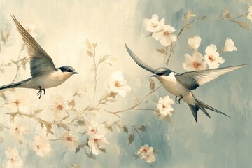 Serene Flight: Two graceful swallows soar amidst delicate blossoms, captured in a soft, painterly style, evoking a sense of peace and the arrival of spring.