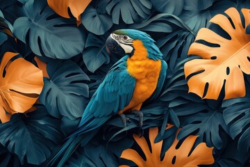 Obraz premium Vibrant Parrot amidst Tropical Foliage: A stunning blue and gold macaw perches amidst lush, oversized tropical leaves, the colors of its plumage echoing the exotic flora.
