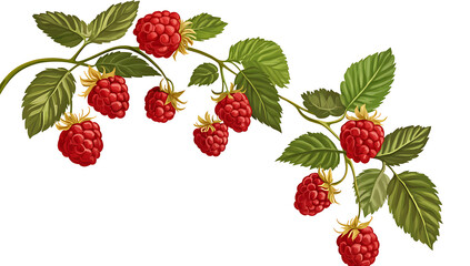 Ripe raspberries with green leaves isolated on white background