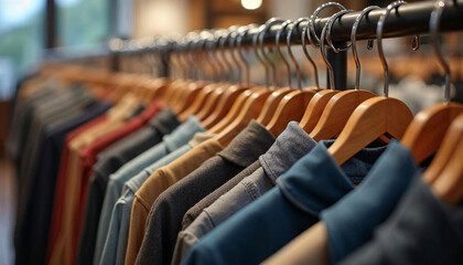 Fototapeta premium Neatly arranged shirts on wooden hangers in a clothing store. Perfect for fashion, retail, and shopping themes.