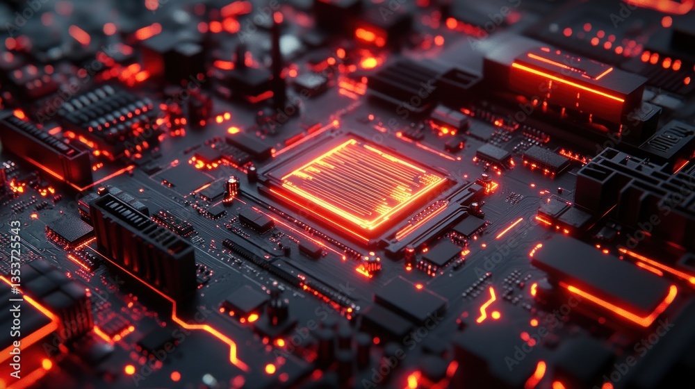 Poster illuminated microchip circuitry abstract glowing electronic components and interconnected pathways m