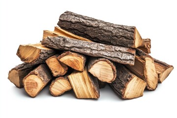 Pile of Firewood Logs Ready for Winter Heating on a White Background