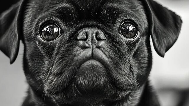 Expressive black pug gazing intently at the viewer with soulful eyes reflecting surroundings