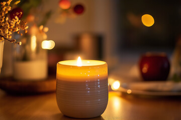 Glimmering Lit Candle in a Tall Ceramic Holder, Emitting a Soft, Mesmerizing Warm Glow Radiantly
