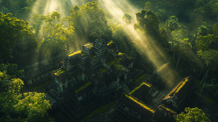 Obraz premium Drone shot of an ancient temple hidden in a dense jungle
