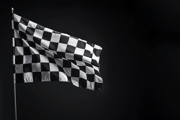 One racing checkered flag on black background, space for text