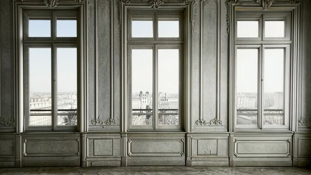 Elegant windows showcase a stunning city view from an ornate interior in Paris during daylight hours