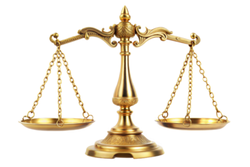 Golden scales of justice isolated on transparent background. Png