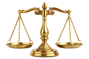 Golden scales of justice isolated on transparent background. Png
