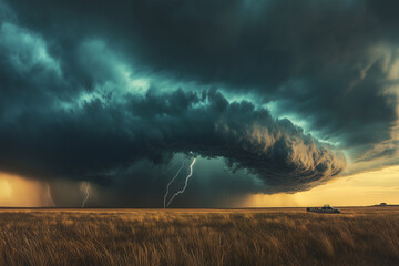 Fototapeta premium Dramatic Huge Thunderstorm Brewing Fiercely Over a Vast Plain with Intense Lightning and Turbulent Skies