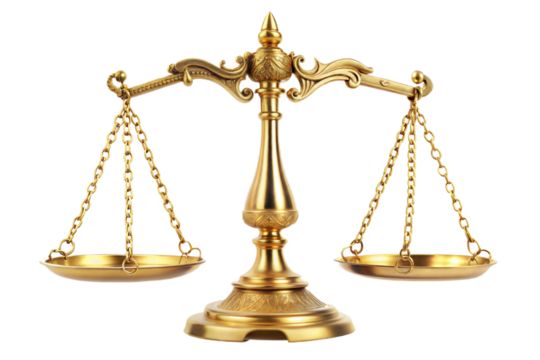 Golden scales of justice isolated on transparent background. Png