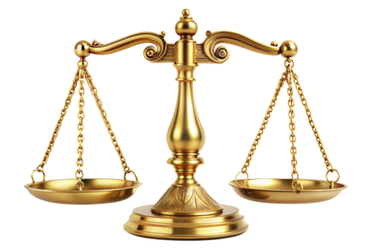 Golden scales of justice isolated on transparent background. Png