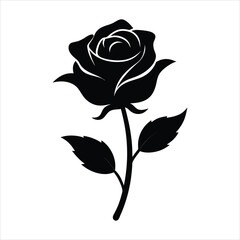 Black rose vector illustration with a single flower, petals, stem, and leaves, symbolizing love, beauty, and romance, perfect for a floral gift or valentine’s day. Ai generated.
