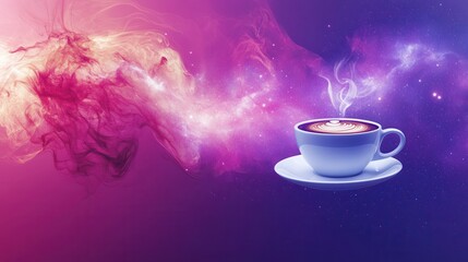 Cosmic Coffee Cup with Colorful Swirls in Space Background and Steam Rising
