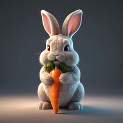 Obraz premium 3D Cartoon Bunny Holding a Carrot with Glowing Soft Ears Isolated on Transparent Background