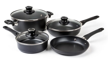 Set of Black Non-Stick Cooking Pots and Pans, Isolated on a White Background, ideal for modern home chefs and everyday cooking, High-Quality Kitchenware Stock Image 