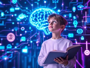 Boy holding a book, looking at a glowing brain with futuristic tech icons on a digital background. Concept of artificial intelligence and future learning. Ai generative
