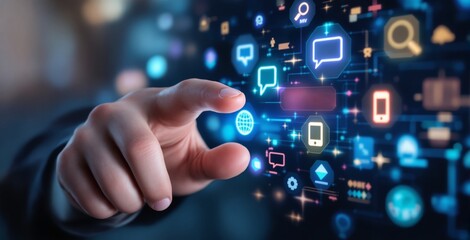 Hand reaching towards a futuristic digital interface with glowing icons for communication and technology on a dark background. Concept of future tech. Ai generative