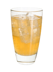 Sweet soda water with ice cubes in glass isolated on white