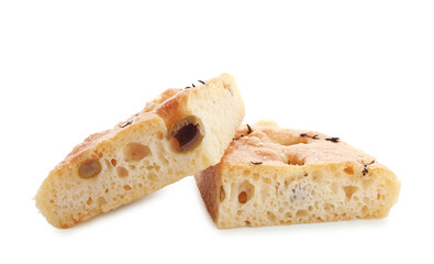 Pieces of delicious focaccia bread with olives and thyme isolated on white
