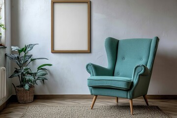 A Cozy Interior with Armchair, plant, and empty frame, inviting comfort and personalization. A Teal armchair is set in a modern interior next to a plant with a framed empty canvas.