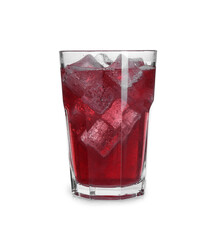 Sweet soda water with ice cubes in glass isolated on white