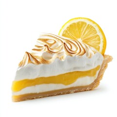 Lemon meringue pie slice with meringue topping and lemon wedge.
