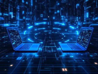 Two futuristic laptops exchanging digital data in a glowing cyber environment with arrows indicating data flow, symbolizing technology and communication. Ai generative