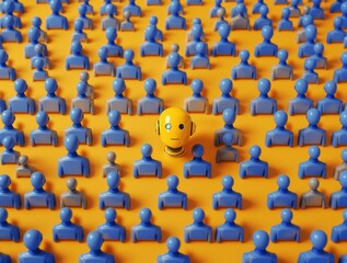 Obraz premium Standing out concept with a yellow robot head among blue human figures on an orange background. Symbolizing uniqueness and individuality in technology. Ai generative