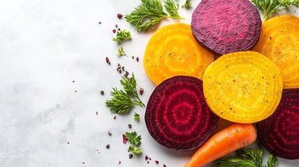 Colorful sliced beets and carrots arranged on a white surface