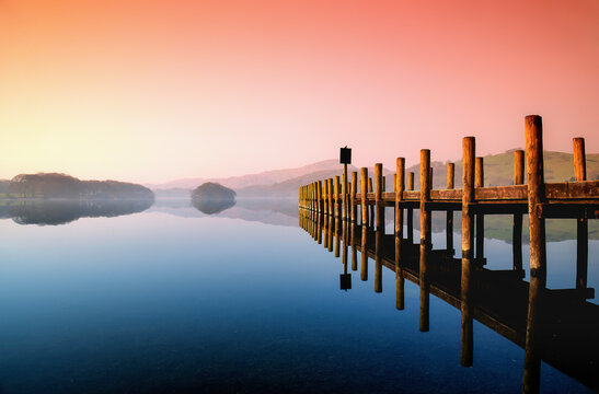 Coniston sunrise and the jetty  in the lake district Cumbria
