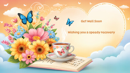 Get well soon card with a heartwarming bouquet of colorful flower and butterfly, expressing wish for a speedy recovery.