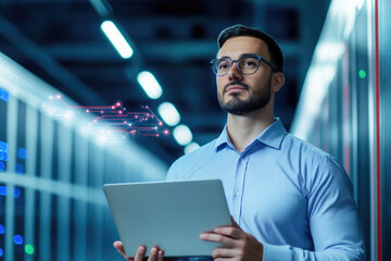 focused IT professional analyzing data in server room