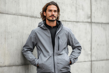 Obraz premium a handsome man confidently poses against a modern concrete wall, dressed in stylish outerwear. He exudes a cool and collected aura