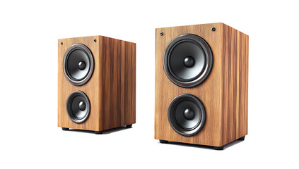 Fototapeta premium Two wood grain speakers with one large speaker isolated on white background