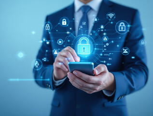 Businessman in suit using smartphone with glowing padlock icons and digital connections on blue background. Concept of cybersecurity and data protection. Ai generative