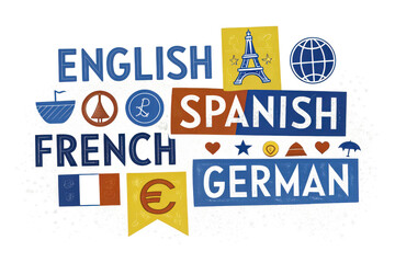 Fototapeta premium A colorful graphic displaying the names of various languages: English, Spanish, French, and German, along with iconic symbols representing each culture.