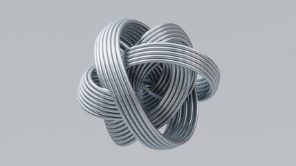 Complex three-dimensional structure composed of intertwined, helical metallic rings with a reflective surface, layered to create a spiral effect, set against a light-colored background.