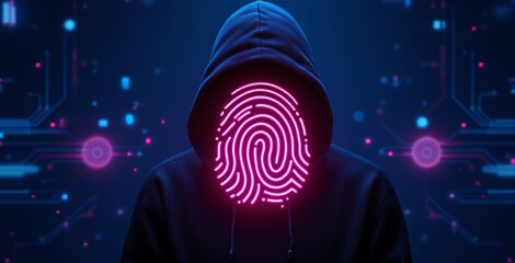 Hooded figure with a neon fingerprint face on a futuristic digital background with glowing circuit elements, symbolizing cybersecurity and anonymity. Ai generative