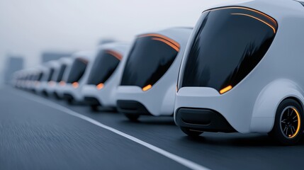 Obraz premium Carbon footprint, transportation and carbon-neutral concept. A row of futuristic, autonomous vehicles lined up on a road, showcasing sleek design and advanced technology in a modern urban setting.