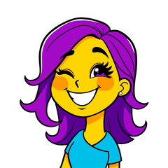 A cheerful character with vibrant purple hair giving a joyful wink