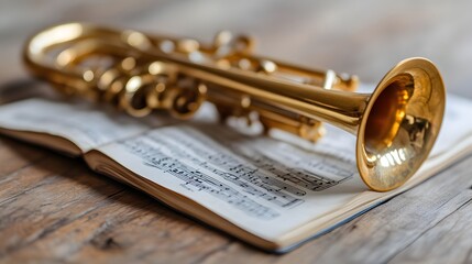 Golden trumpet rests on sheet music on wood
