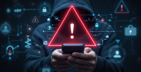 Hooded hacker holding smartphone with glowing red warning triangle, digital cyber threat icons, and security symbols on dark background. Ai generative