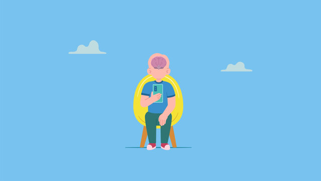 A child addicted to staring at a mobile phone screen continuously,  brain rot in early age concept.