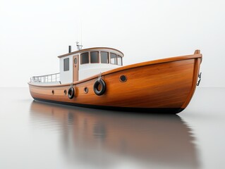 Classic Wooden Tugboat on Calm Water: Detailed Render of a Vintage-Style Boat with Rich Wood Texture, Reflecting on a Tranquil Surface, Featuring a White Cabin and Black Accents.