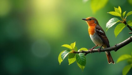 Fototapeta premium A bird perched on a branch surrounded by leaves and feathers, forest floor, leaves