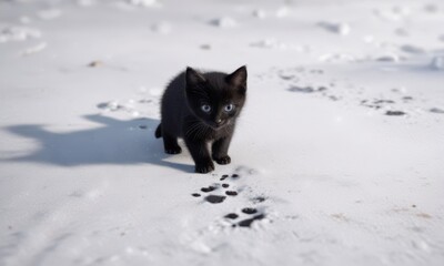 Fototapeta premium A black kitten leaving a paw print on a snowy ground, frosty, paw print