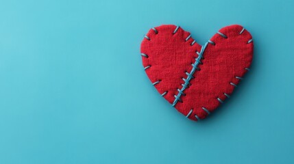 Fototapeta premium A broken heart sewn together with visible stitches using a thread and needle, symbolizing healing and emotional recovery