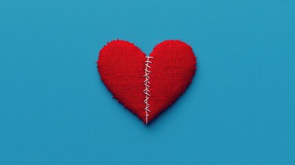 Fototapeta premium A broken heart sewn together with visible stitches using a thread and needle, symbolizing healing and emotional recovery